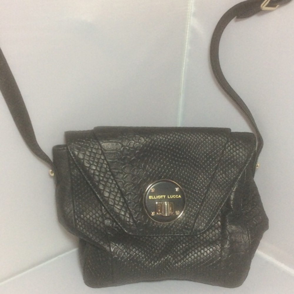 Like New Elliot Lucca Black Leather Snake Look Bag